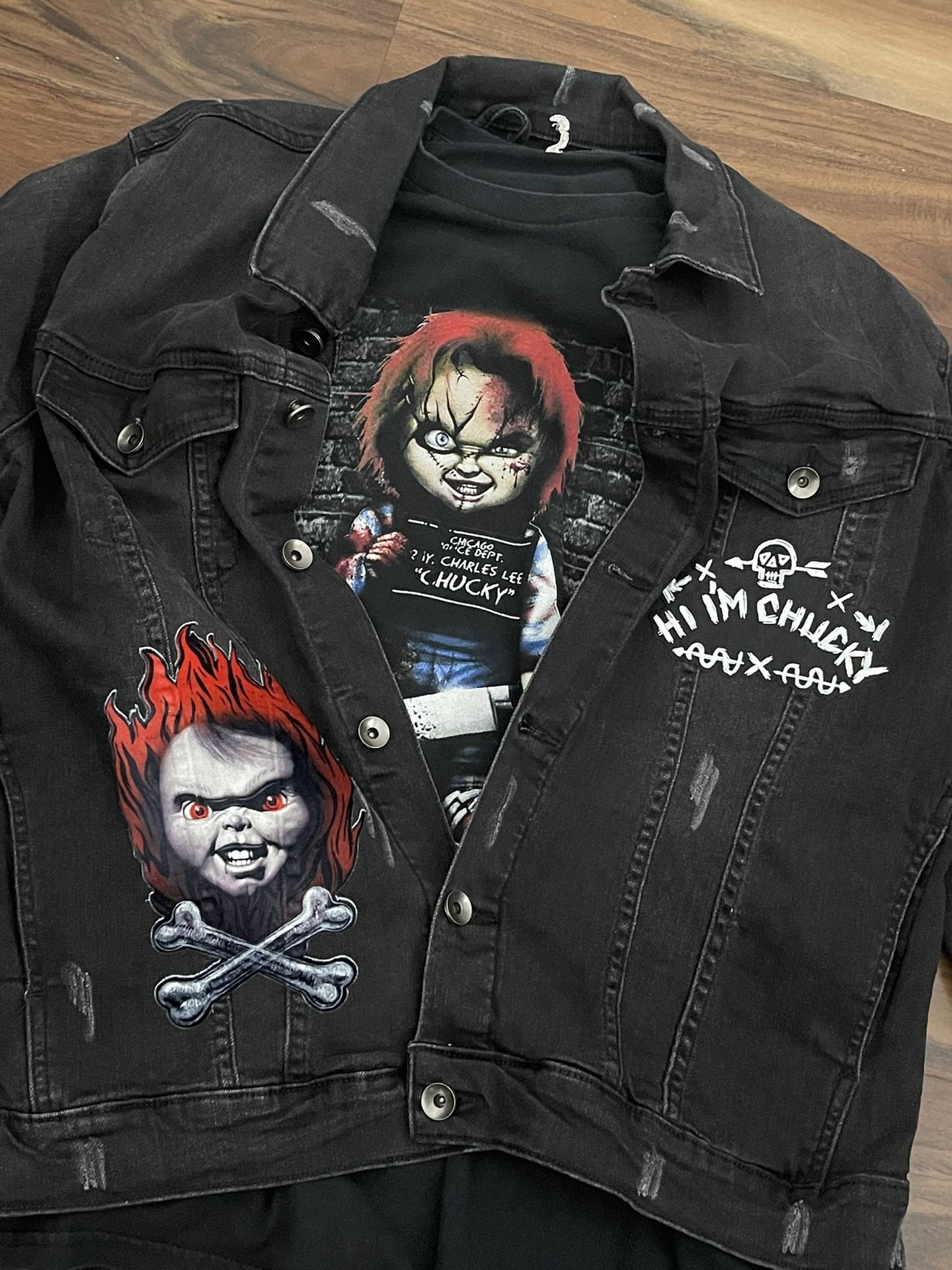 NWT CHUCKY Men's ‘HI I'M CHUCKY’ Logo Vintage Patch Denim Jacket Black (Tee Not Included)Size XL