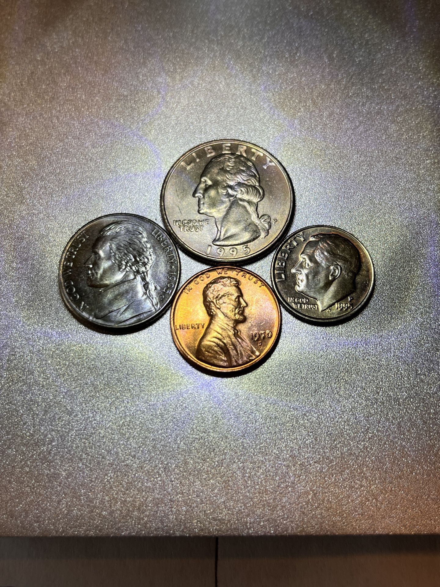 4 - US COINS MS UNCIRCULATED 1995, Quarter-Dime-Nickel & a 1970d Penny! 