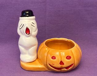 Vintage ceramic Halloween ghost w pumpkin candy dish candle holder Houston Foods
