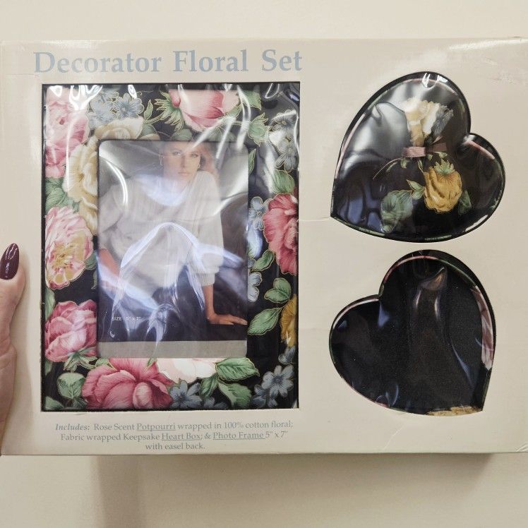 90S NEW VINTAGE Floral Fabric Picture Frame Trinket Box Cottagecore Gift Set