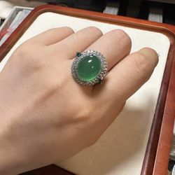 Bold Green Agate Halo Ring in Sterling Silver Adjustable Size 