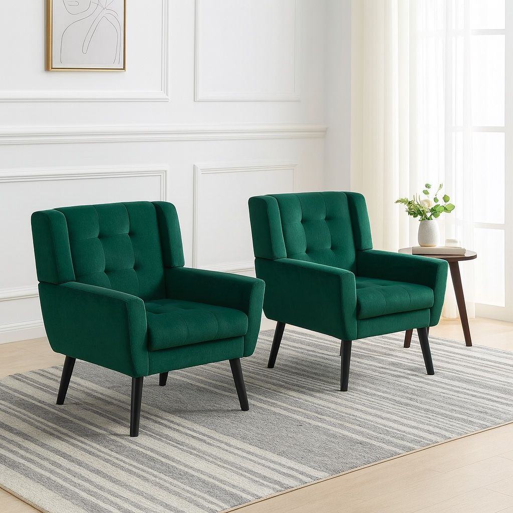 Set Of 2 - Green Velvet Square Armchair Accent Chairs [NEW] <Assembly Req> 