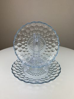 2 PCS Vintage Amber Hocking Sapphire Blue Bubble Glass Nesting Plate Set Rare Retro Funky
