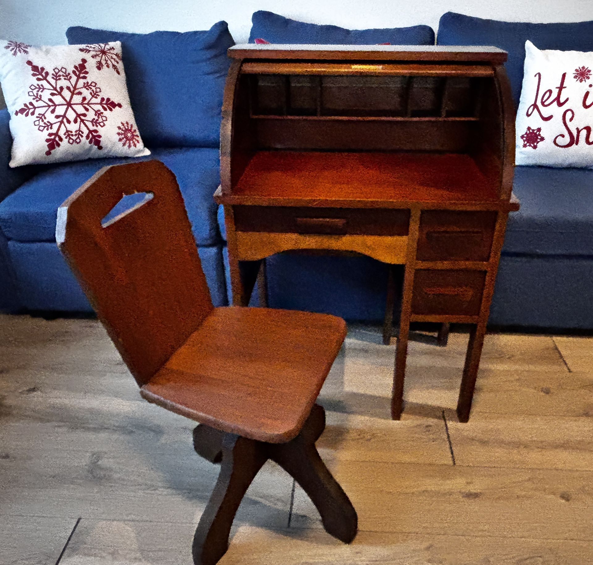 Vintage Child’s Roll-Top Desk with Chair – Solid Wood