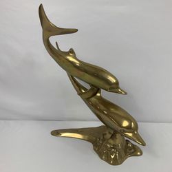 VTG Heavy Brass Double Dolphin Swimming Figurine Sculpture 14” Made In Korea