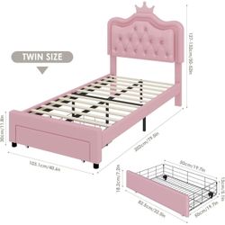 🥨Twin Size Keyluv Upholstered LED Bed Frame with Storage Drawer, Leather Princess Platform Bed with Adjustable Crystal Button Tufted Crown Headboard