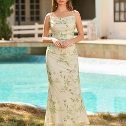 Small Women's Floral Spaghetti Strap Maxi Dress Sleeveless Ruched Mesh Bodycon Long Wedding Guest Dress