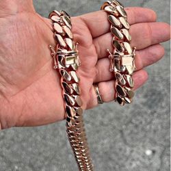 Set Chain & Bracelet 20mm Miami Cuban Link Pink Red Rose Gold Plated Chain Necklace 18k & 14k Crab Old School Regular Lock