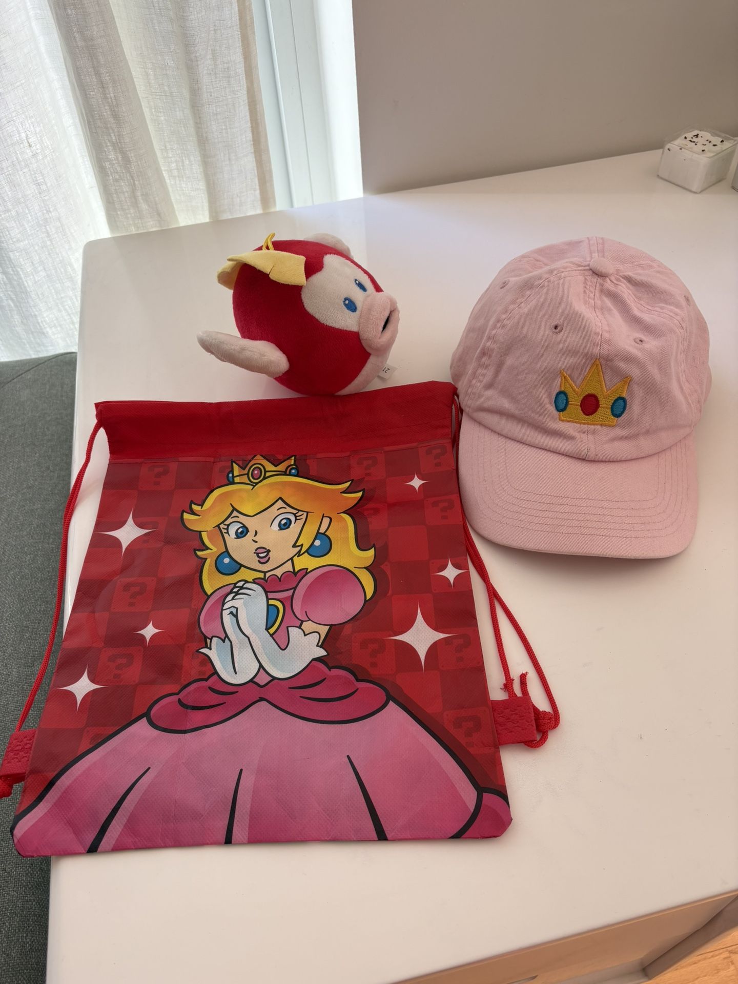 Super Mario bundle  Pink Princess Peach cap  Backpack  Cheep cheep push 