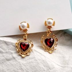 New Baroque Vintage Ruby Red Queen of Hearts Coquette Pearl Drop Dangle Earrings