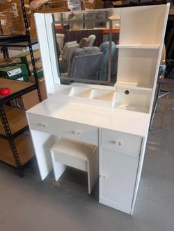 ( Small damage) Vanity Desk with Mirror and Lights,Power Outlet,Makeup Vanity Table Set with Storage Drawers Shelves Cabinet& Chair,3 Lighting Modes &