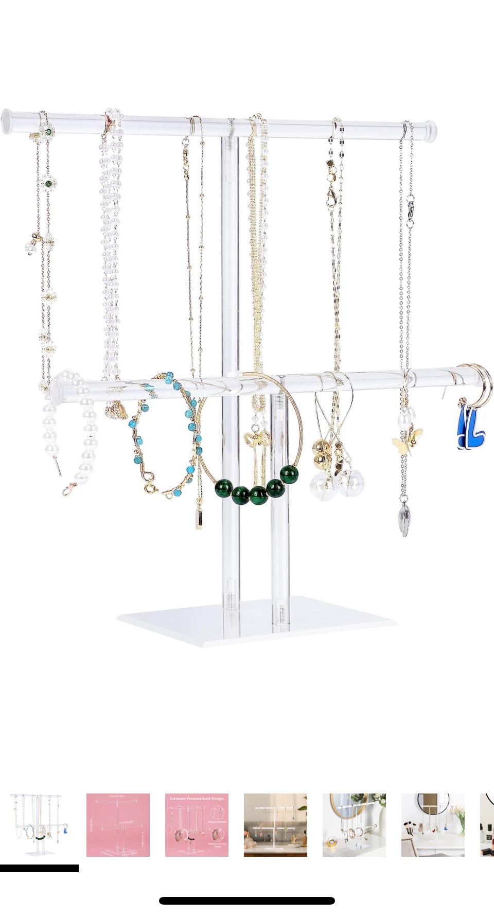 Jewelry Stand Necklace Holder, Acrylic Jewelry Display Holder, Necklace and Bracelet Hanging Organizer, Clear 2-Tier Tower Stand for Bangles, Necklace