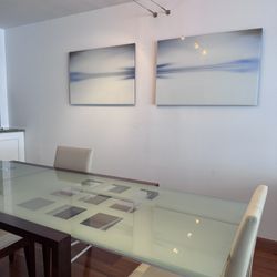 Modern Extendable Dining Table – Glass & Wood – Seats 4 to 10 + 4 Beige Leather Chairs