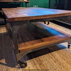 Rustic Farm Style Coffee Table With Caster Wheels Dual Layer