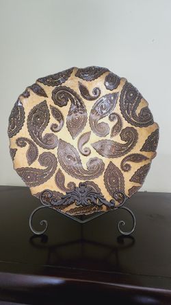 Large Glass Plate Copper Paisley Print Decorative Center Piece 15 Inches Bowl With Stand
