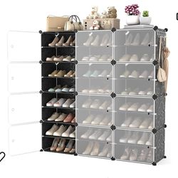 WEXCISE Portable Shoe Rack Organizer with Door, 48 Pairs Shoe Storage Cabinet Easy Assembly, Plastic Adjustable Shoe Organizer Stackable Detachable Fr