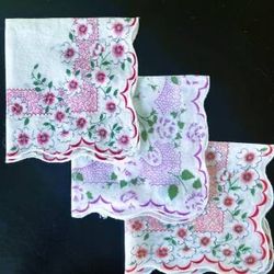 Vintage Set of 3 Cotton Hankies with Pink, Lavender, or Coral Flowers 