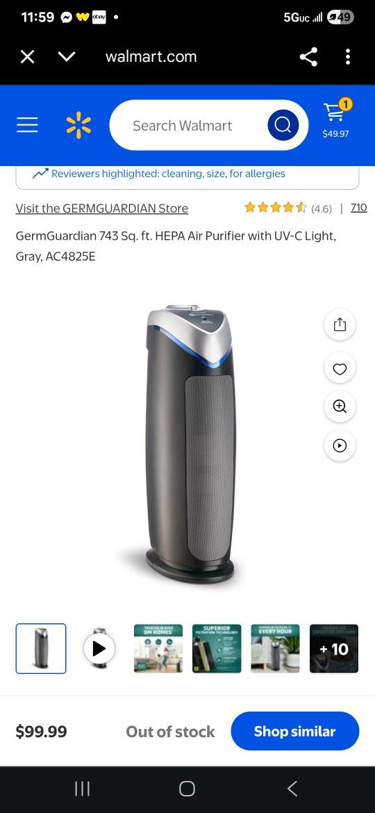 GermGuardian 743 Sq. ft. HEPA Air Purifier with UV-C Light, Gray, AC4825E

