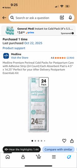 Medline Premium Perineal Cold Packs for Postpartum Care with Adhesive Strip Each Absorbent Pad is 4.5" x 14.25" Perfect for your After Delivery Postpa