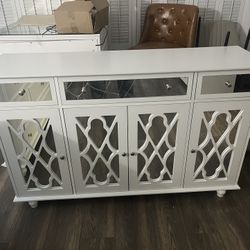 55”W Glass Sideboard with Glass Doors and Shelves, Mirrored Storage Cabinet with 3 Drawers, Credenza Buffet with Wooden Legs, for Living Room White