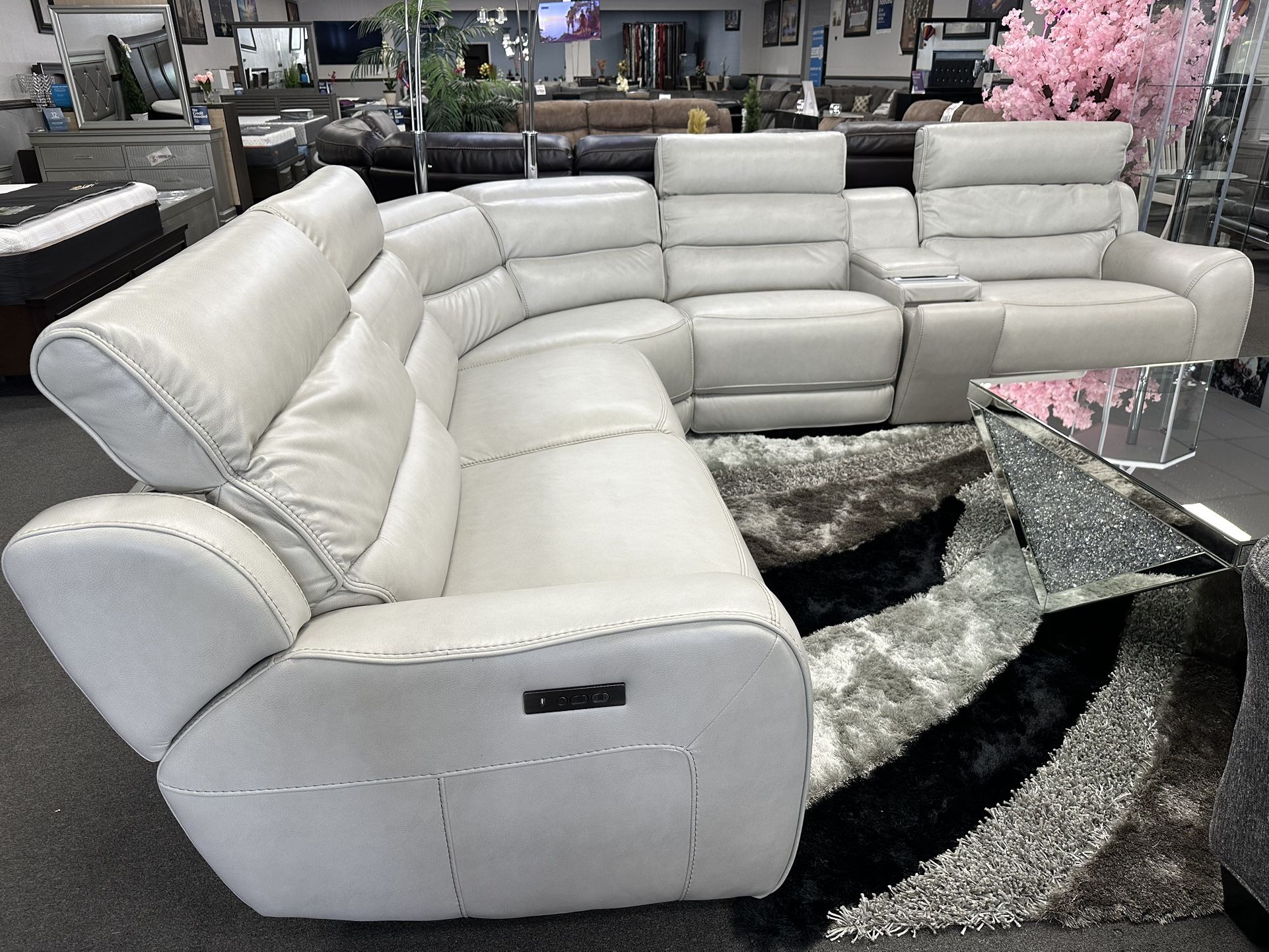 Gray Leather Sofa Sectional Power Recliners & Power Headrest & Wireless Charging 