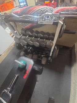 Weight set with bench and dumbbell rack. Everything sold as set.