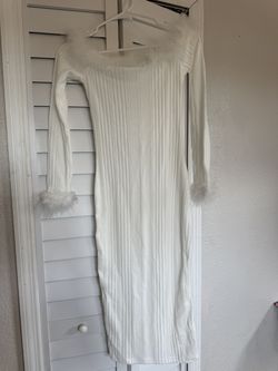 White Dress Faux Fur Trim off shoulder
