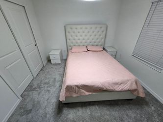 White Upholstered Bed Frame with night stand an drawer
