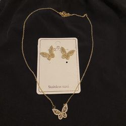 14k Gold Plated Butterfly Jewelry Set Necklace And Earrings 