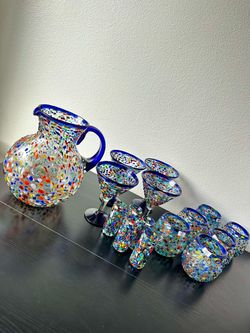 NEW Mexican Hand-Blown Glass Pitcher and Glasses Set