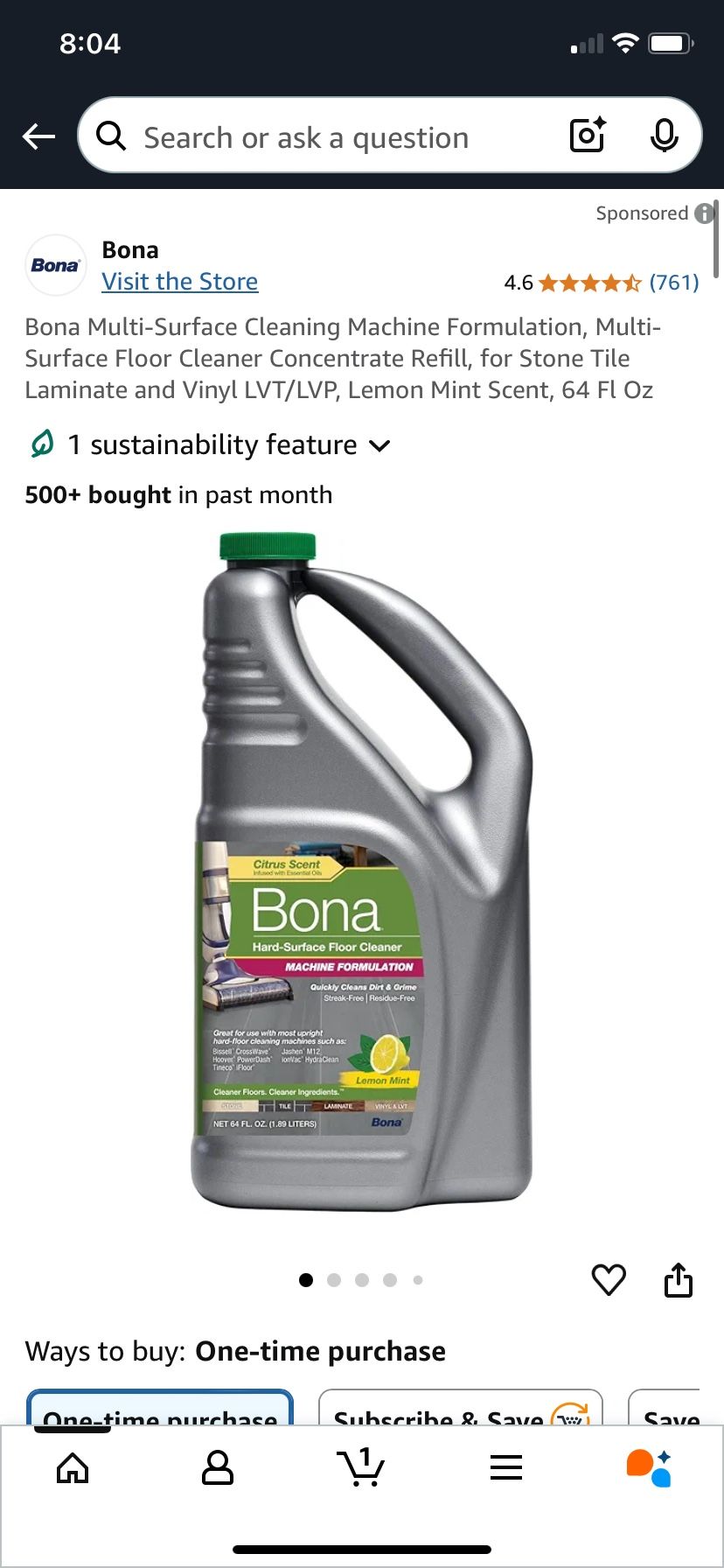 Bona Multi-Surface Cleaning Machine Formulation, Multi-Surface Floor Cleaner Concentrate Refill, for Stone Tile Laminate and Vinyl LVT/LVP, Lemon Mint