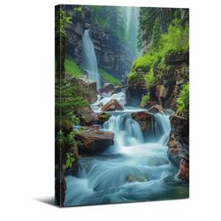 Mountain Waterfall Wall Art Green Forest Landscape Picture 32"L x 48"W