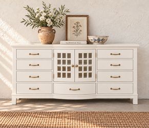 Cottage White Curved Sideboard • Cabinet Dresser with Antique Gold Hardware