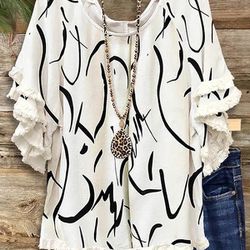 Women’s Size L White /Black Abstract Line Print Fringed Blouse, NEW
