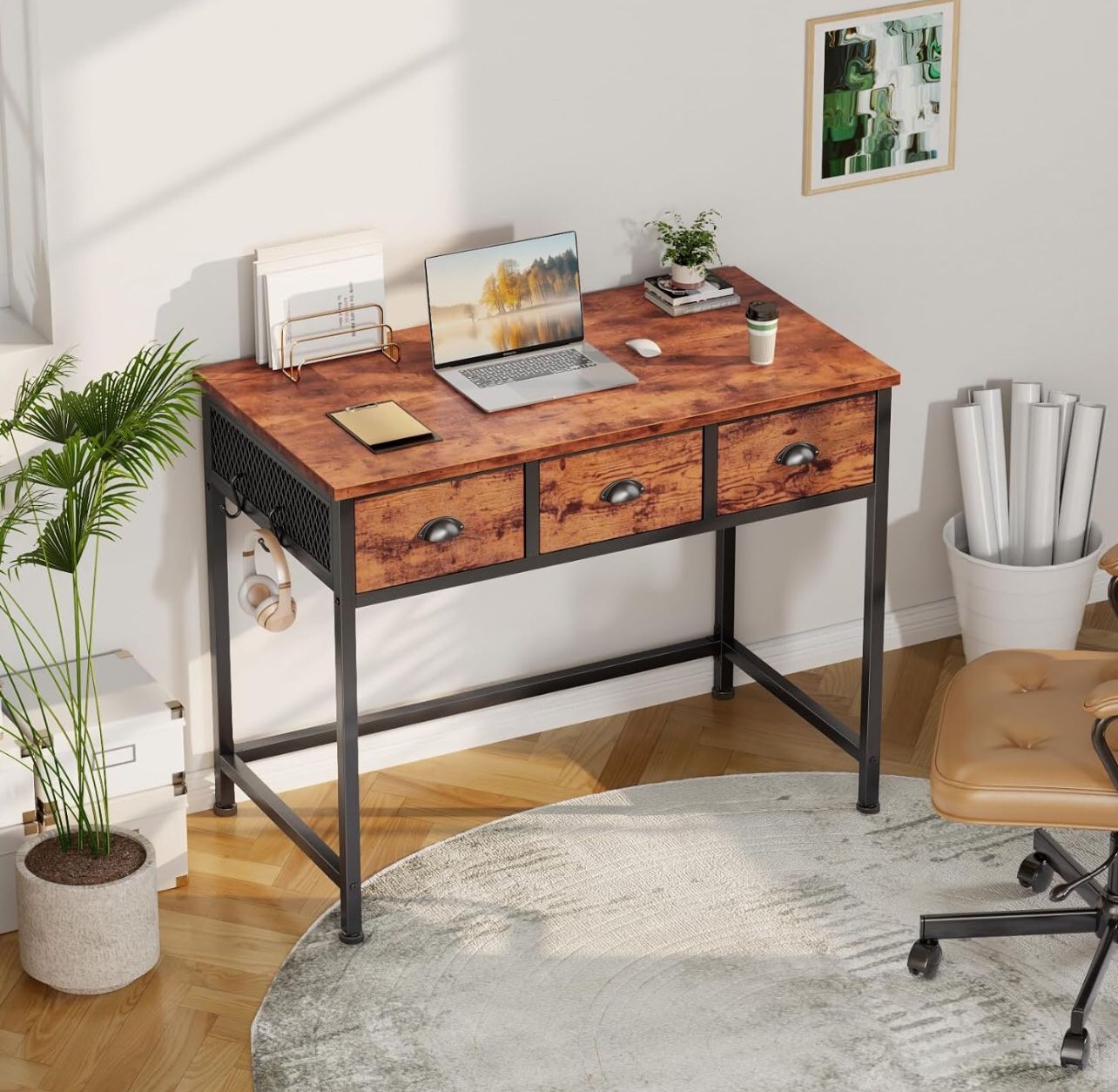 Furologee Small Computer Desk with 3 Fabric Drawers, 40 Inch Simple Home Office Desk, Writing Desk