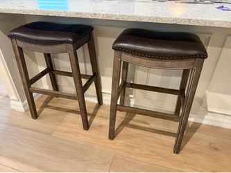 Set of 2 Bar-Height Stools with Brown Cushioned Seats & Nailhead Trim