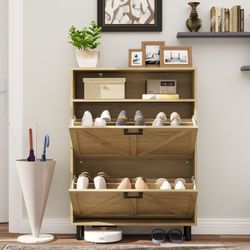 Farmhouse Shoe Storage Cabinet with Barn Door Design, Shoe Organizer with 2 Flip Drawers, Freestanding Narrow Shoe Rack Cabinet with Open Storage for 