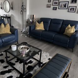 Blue Leather Powered Recliner Sofas Set- Great Condition.