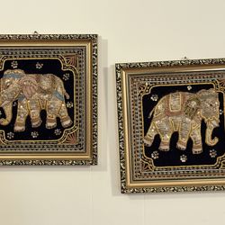 Vintage Framed Thai Kalaga Elephant Embroideries - Pair (10x10)