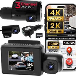 3 Channel Dash Cam Sony STARVIS IMX Sensors 4K Front, 2K Rear, Inside, WiFi, Night Vision, GPS, G-Sensor, Minivan, SUV, Car, Pick Up, Truck
