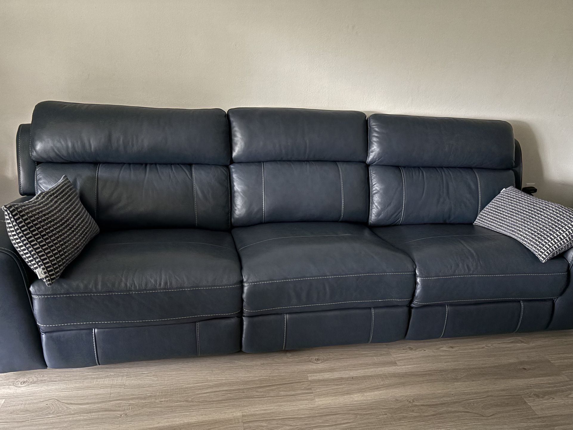 Bueish Gray Top Grain Leather Sofa Two Recliner Seats