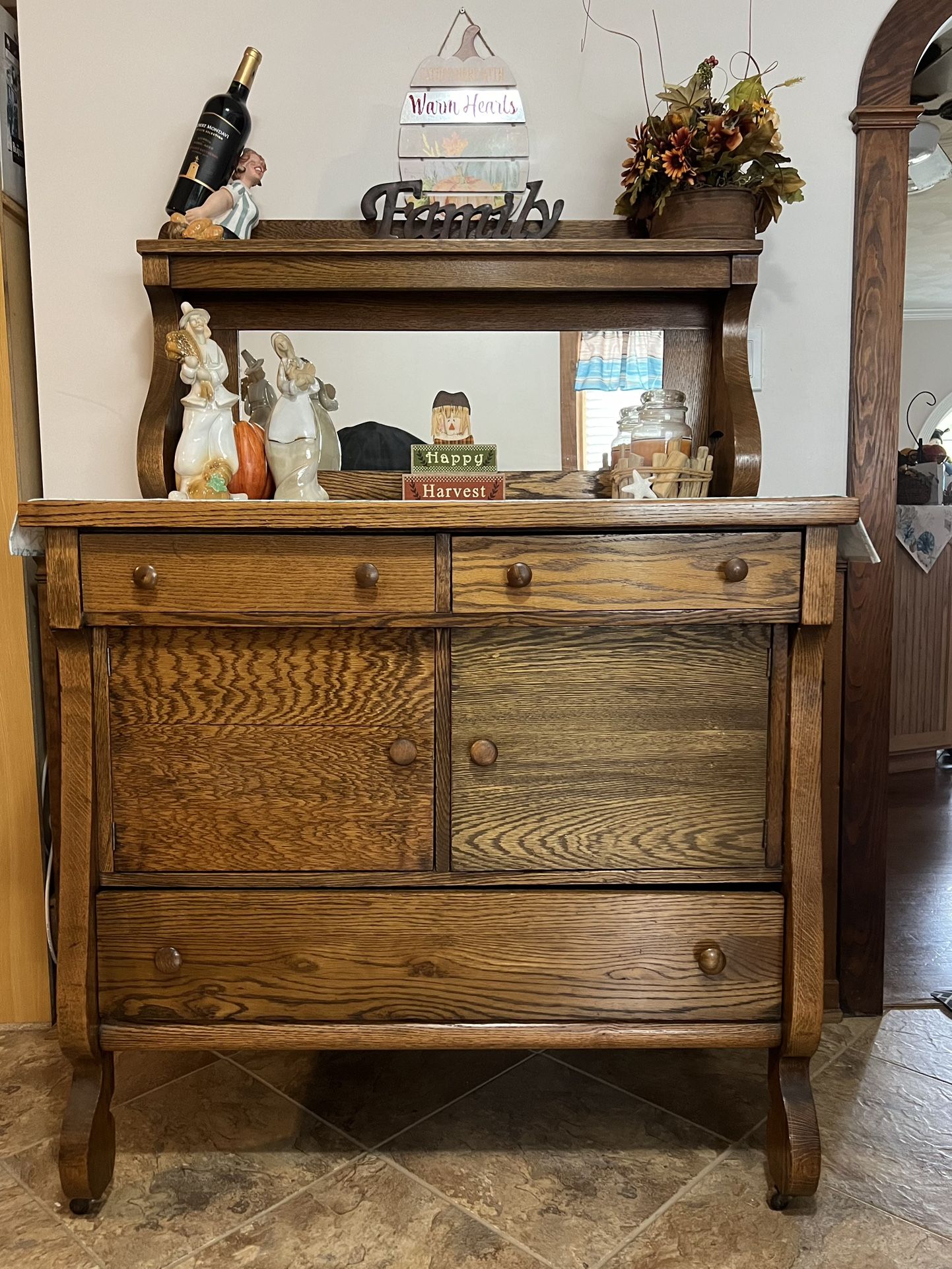 ANTIQUE VINTAGE TIGER OAK MISSION SIDEBOARD BUFFET with ORIGINAL MIRROR