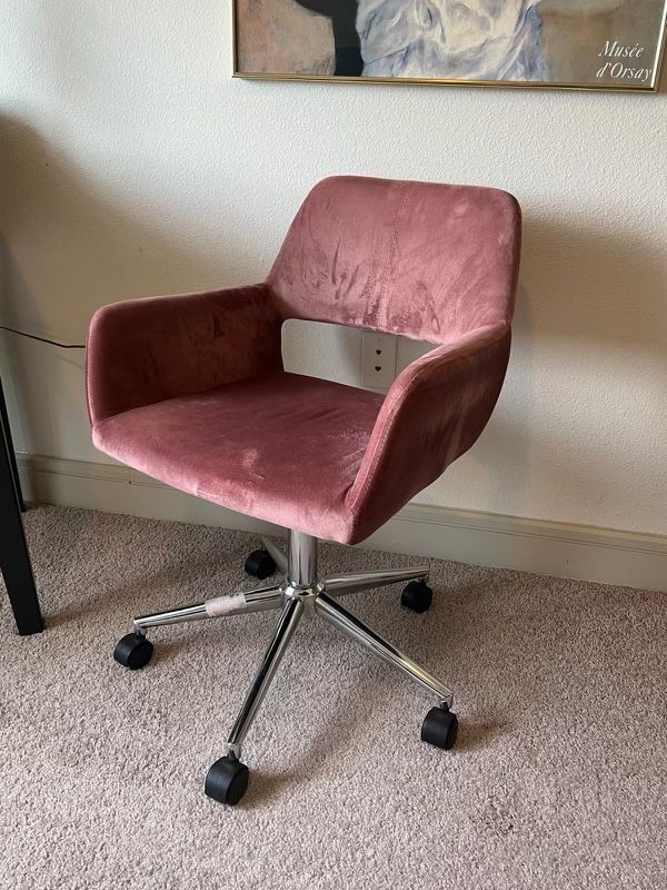 Rolling Pink Velvet Desk Chair 