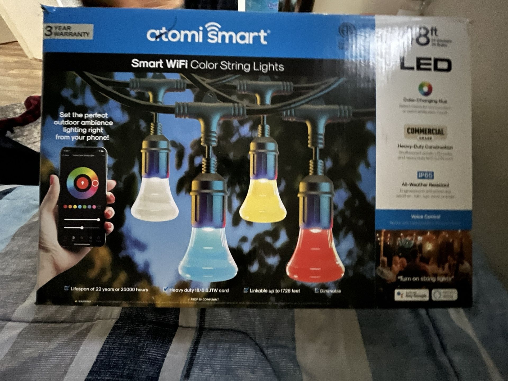 atomi Smart Color String Lights 36 Feet, Waterproof Outdoor WiFi White & Color Changing RGB