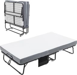 Folding Bed Cot with Memory Foam Mattress, 75x38 Inches Metal Frame with Wheels, Space-Saving Rollaway Bed, Black
