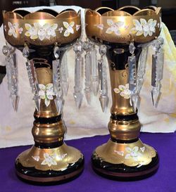 Pair Of Bohemian Glass by Slavia Glassworks Exquisite Czech Bohemian Gold High Enamel Black Crystal Glass Lustre Vase/Mantle Lustre - 2pc CR1V002