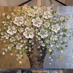 ORIGINAL painting Gold Silver White Flowers Brown Vase palette Knife Impasto textured By  Susanna Shap