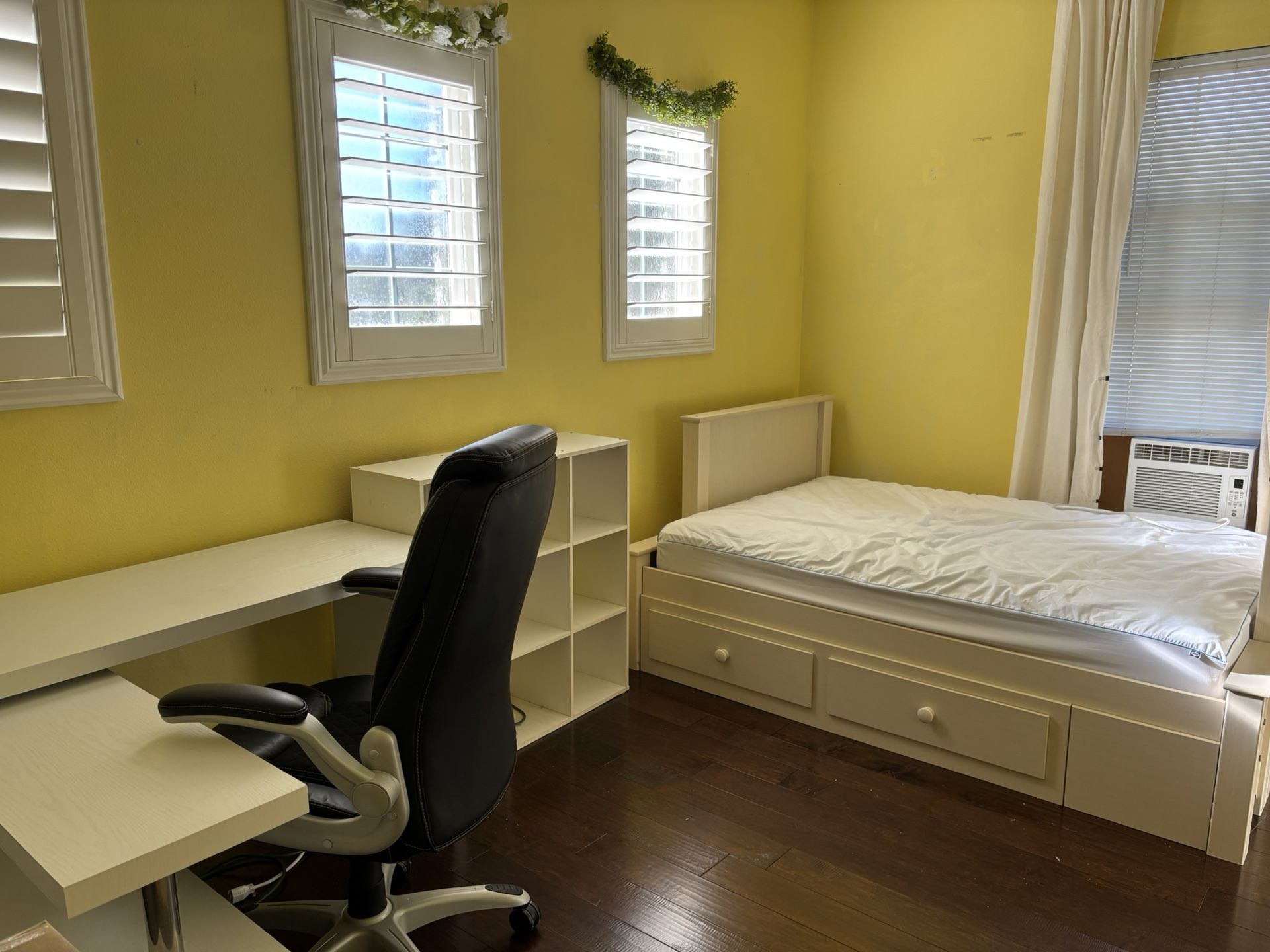 White Bedroom Set - Bed Frame, Desk, Bookcase And Office Chair