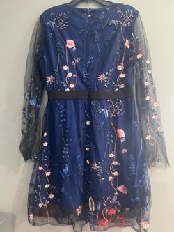 Navy Blue Floral Embroidered Mesh Mini Dress