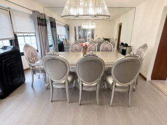 ACME Luxury Dining Room Set – Antique Platinum/Silver – Table & 8 Chairs